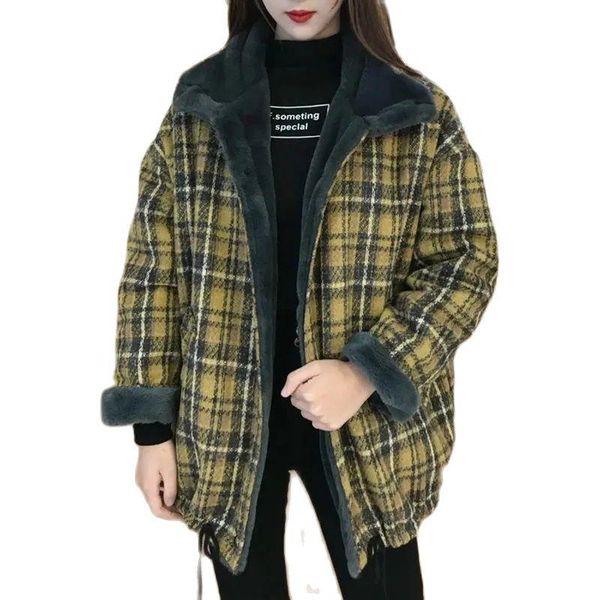 

fur lattice women's woolen coat autumn winter new loose short add velvet thicken fur collar fashion elegant ladies woolen jacket, Black
