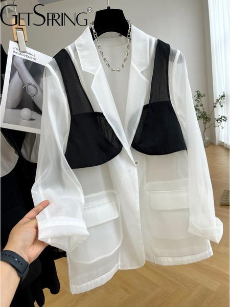 

pants getspring women blazer fashion organza fake two suit jacket summer full sleeve sunscreen suit coat loose casual ladies 2022, White