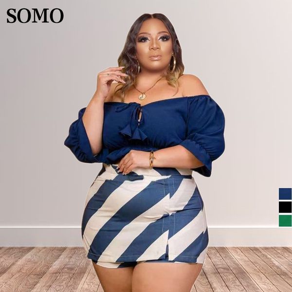 

women's plus size tracksuits women two piece sets one word shoulder and mini skirt pants summer bohemian wholesale drop 230426, Black