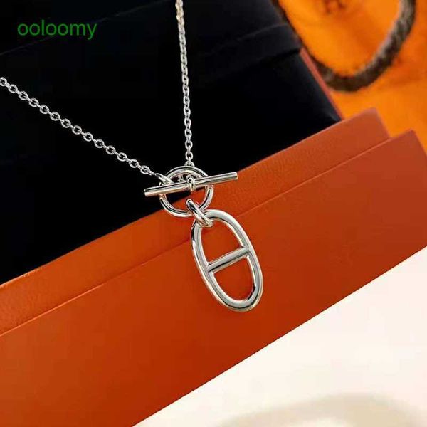 

hemres designer necklace s925 sterling silver solid fashionable pig nose necklace plain ring h collar chain, Black
