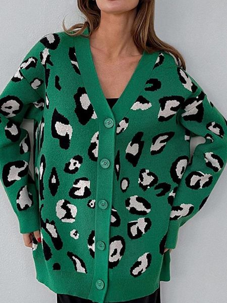 

sweaters leopard print green cardigan women autumn winter thick warm knitted jacket oversized loose casual with buttons coats female, White;black