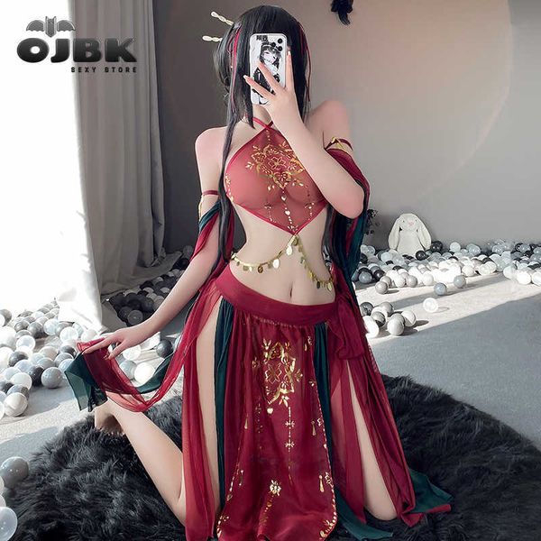 

set lingerie mesh outfit halter lace floral long dress anime cosplay nightdress roleplay women high split stage costumes 230426, Red;black