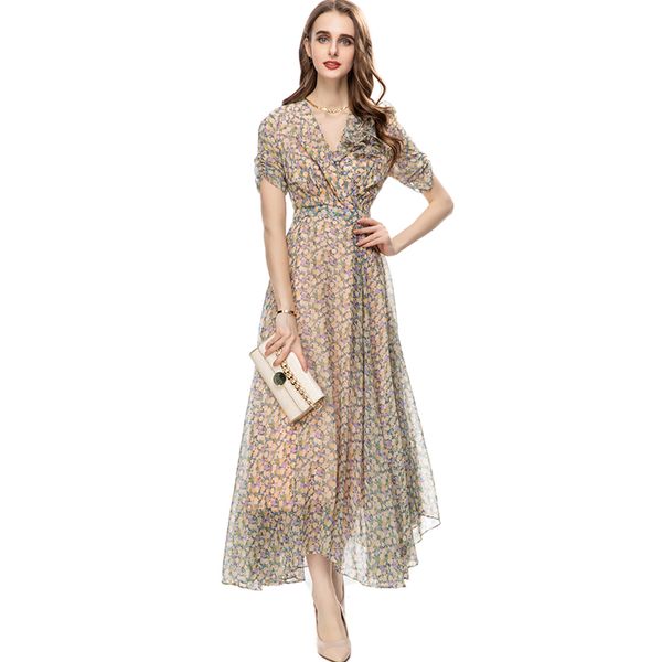 

women's runway dresses v neck short sleeves printed appliques elegant fashion designer vestidos, Black