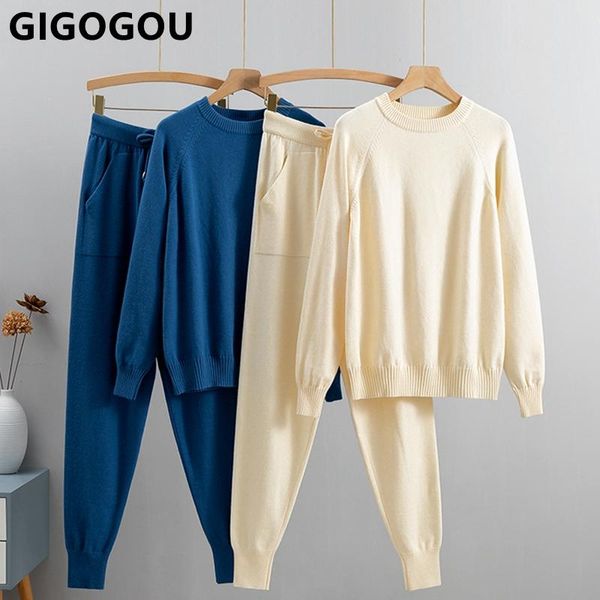 

pants gigogou two piece autumn basic women sweater tracksuit fashion knitted sweater+harem pant suit lady casual winter set, White