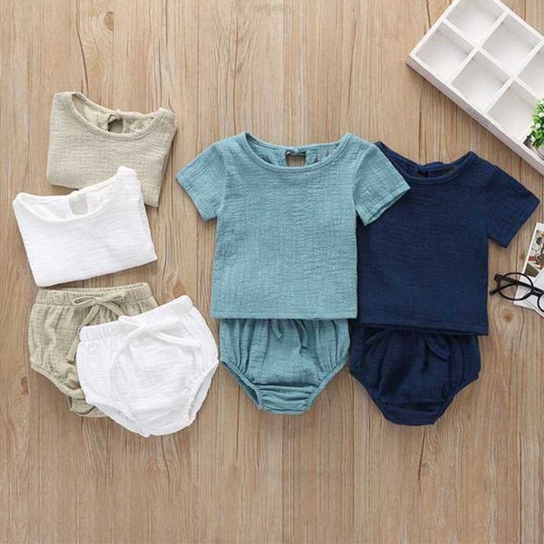 

clothing sets summer kid cotton linen solid short sleeve round collar t-shirt + shorts suit infant baby clothes outfit set, White