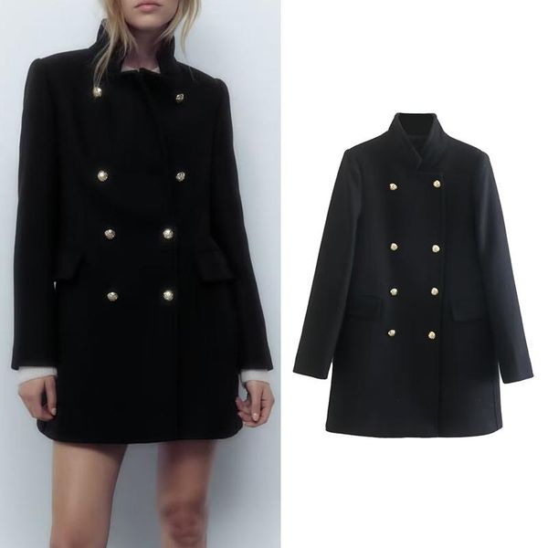 

fur traf women autumn winter black wool coats long sleeve stand collar outwear female chic elegant overcoat ozz1673