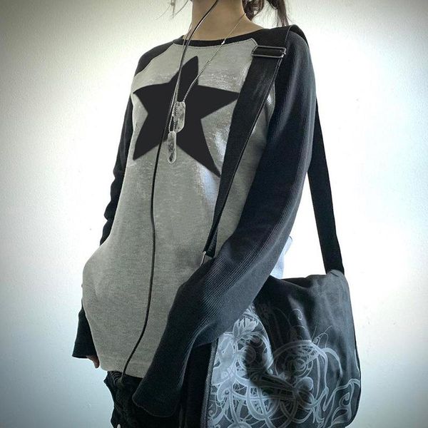 

t-shirt star print knited pullover kawaii graphic tshirts women contrast patchwork harajuku full sleeve preppy long y2k clothes, White