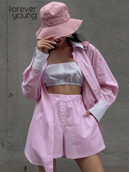 

dress women loungewear home sets stripe long sleeve shirt and loose high waisted mini shorts two piece set 2022 pajamas clothes, White