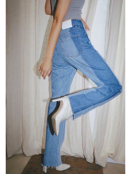 

women's jeans patchwork raw trim blue empire waist straight leg women jeans in summer high street fashion 230427