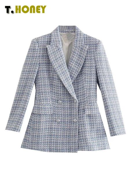 

pants women vintage plaid pattern print woolen coat female chic long sleeve double breasted outwear jackets, White