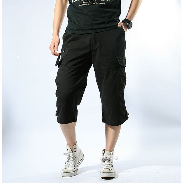 

men's shorts summer men's baggy multi pocket military zipper cargo short breeches male long khaki men tactical short plus size 5xl, White;black