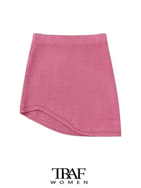 

dresses traf women fashion crochet knit asymmetrical mini skirt vintage high waist with elastic waistband female skirts mujer, White;black