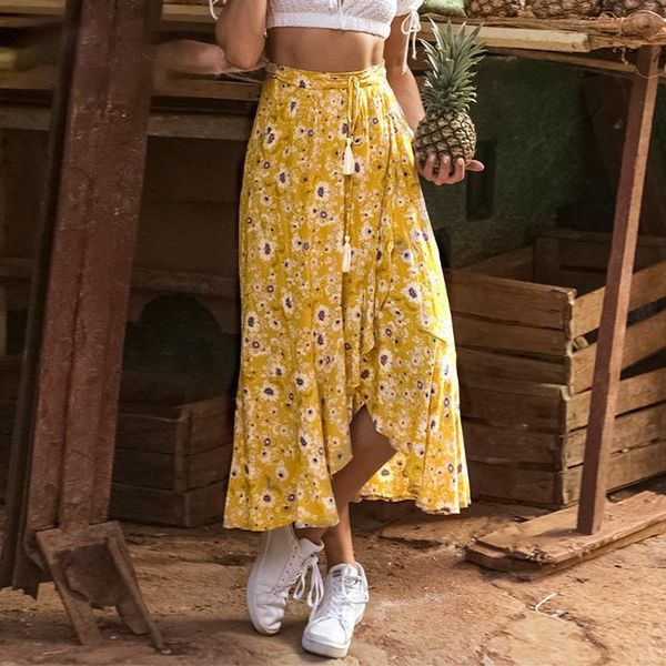 

dresses summer floral printed irregular ruffle long skirt women boho pleated yellow skirts casual clothing, White;black