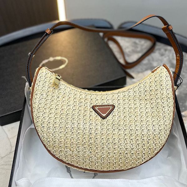 

women designer leisure straw underarm tote bag enameled metal triangle adjustable leather strap 3 colors crossbody shoulder woven handbag pu