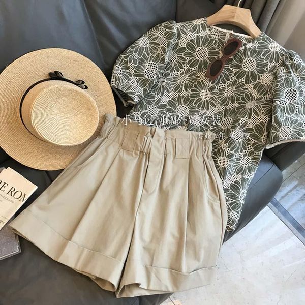 

dress women 2 piece sets french vintage summer 2022 new hollow out lace round collar tshirt + shorts suits fashion elegant female set, White