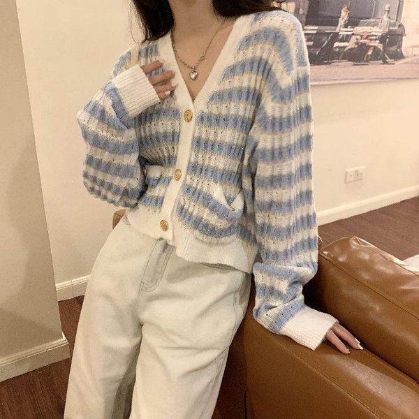 

sweaters korean style all match knitted cardigan jacket women autumn new vneck striped retro longsleeved ins style vintage sweater, White;black