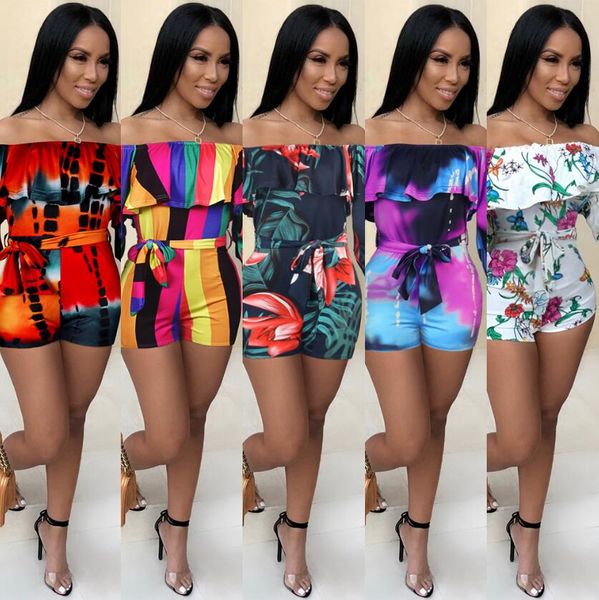 

f25x european and american women's jumpsuit print layered sleeve with belt, Black;white