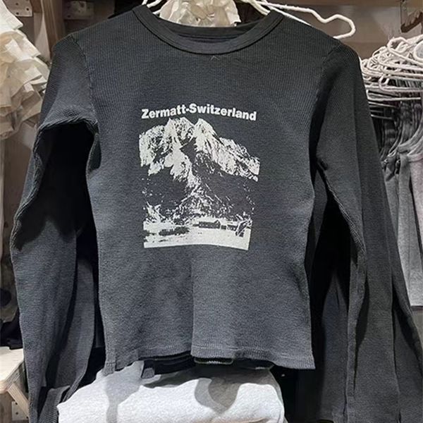 

women's t-shirt letter graphic t-shirts women autumn vintage casual o neck soft cotton waffle long sleeve y2k streetwear slim woman ts, White