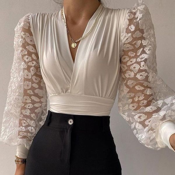 

t-shirt 2022 spring office lady embroidery flower lace patchwork shirt women elegant v neck blouses autumn long sleeve hollow out, White