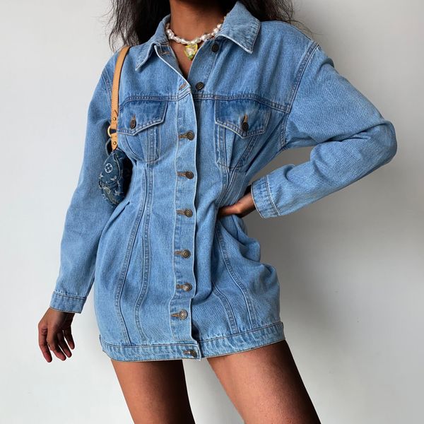 

dresses women tight button denim dress high waist long sleeve turn down collar pockets mini dress 2022 new fashion cool girl, Black;gray