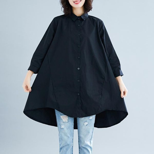 

shirts #2814 spring autumn black white shirt three quarter sleeves loose lapel collar casual asymmetrical long shirts women cotton