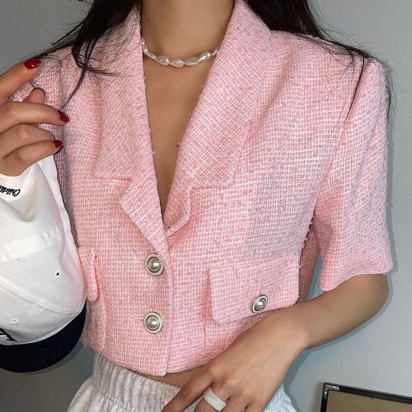 

pants chic high street short sleeve crop blazer jacket for women summer solid color elegant suit outwear lady pockets short suit top, White