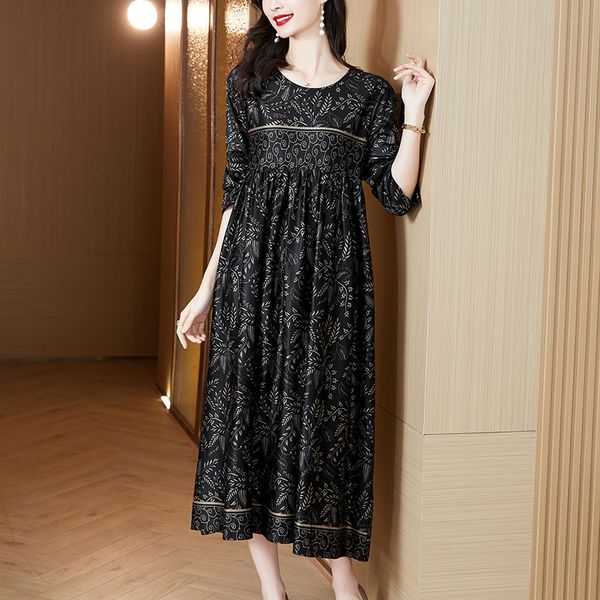 

casual dresses loose long sleeve vintage floral print round neck autumn women elegant femme party plus size 230426, Black;gray