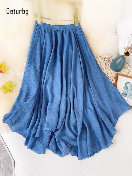 

dresses women's elegant solid color long skirt female korean high waist pleated cotton linen irregular hems beach skirts 2022 summer k6, White;black