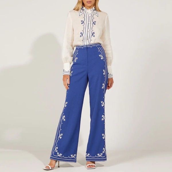 

women's two piece pants linen long sleeved embroidery shirt with linen embroidery pants, White