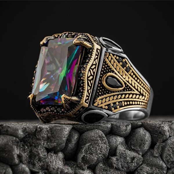 

wedding rings cincin signet turki buatan tangan retro untuk pria elang berukir warna perak kuno zircon mistik inlay pengendara motor punk ba, Slivery;golden