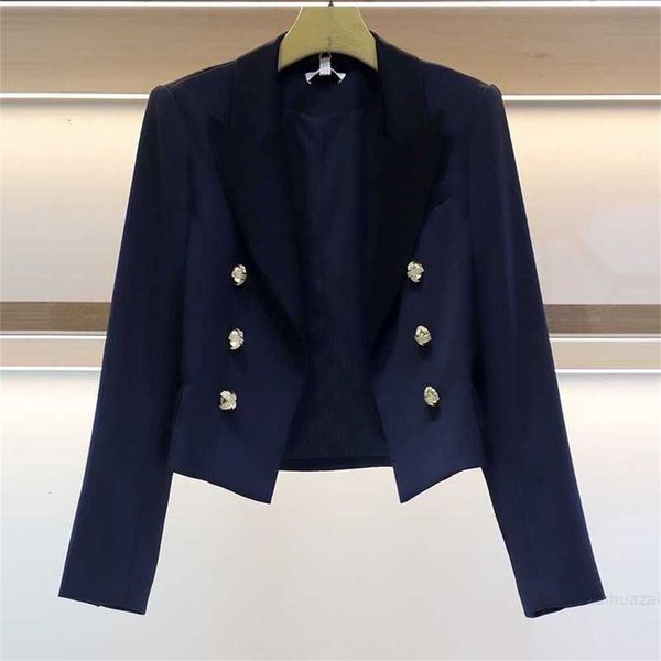 

2023 Spring New Women' Suit Collar Long Sleeve Double Breasted Short Casual Style Coat4d2o, Black