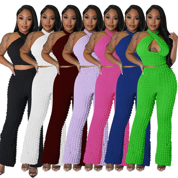 

2023 designer tracksuits women bubble textured two piece sets halter neck backless crop and straight pants matching sets outfits wholesale c, Gray