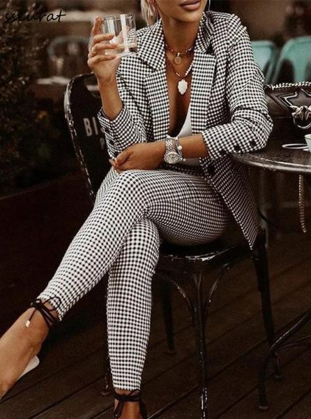 

pants plaid houndstooth office lady pants suit and blazer matching two 2 piece set elegant women tracksuit outfits, White