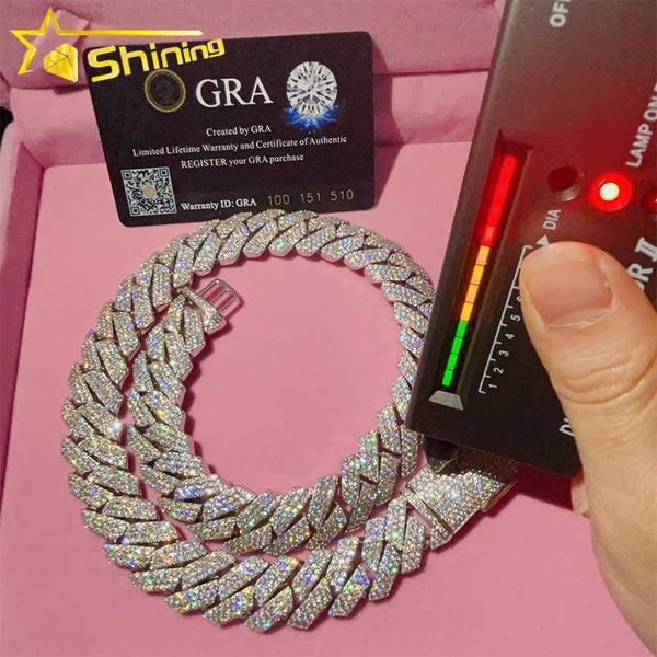 

ready to ship 18mm 3rows vvs moissnaite iced out cuban chain jewelry s925 moissanite hip hop necklace for men, Silver