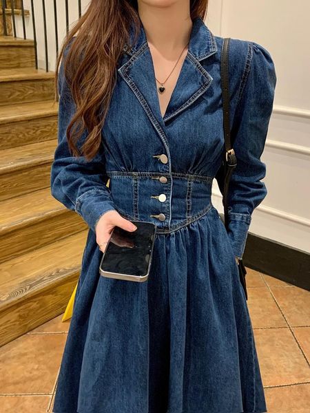 

dresses women's spring autumn casual midi denim shirt dress long sleeve elegant aline party jeans vestido female fashion korean clothes, Black;gray