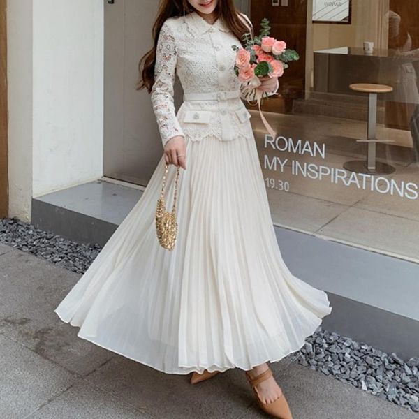 

dress vintage lace jacket + pleated skirts women 2022 singlebreasted long sleeve 2 piece sets ladies party fall spring skirts sets, White