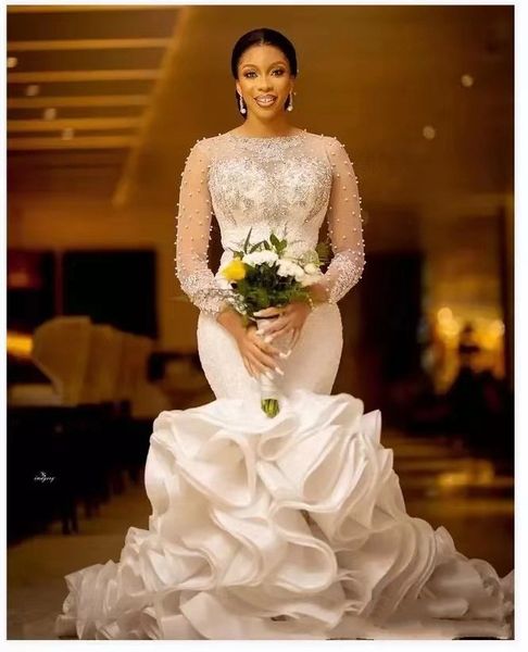 

2023 new mermaid slim wedding dress long sleeve skin color lace round neck lace-up party wedding dress, White