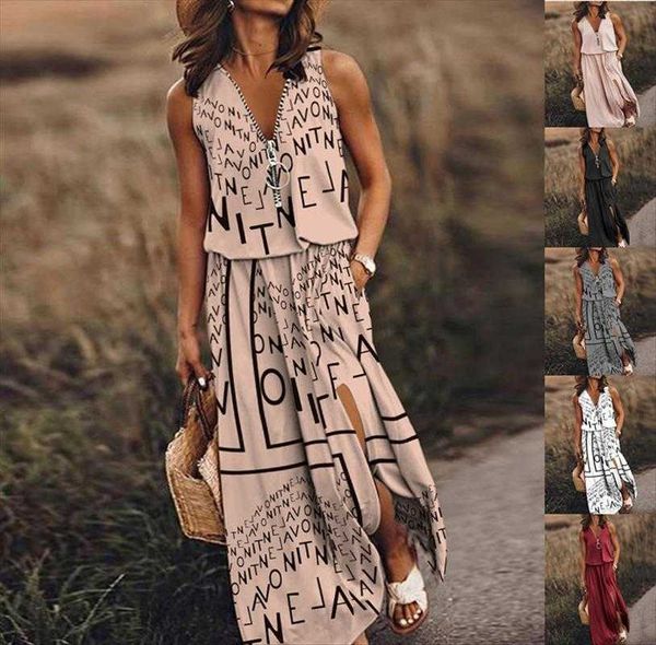 

spring and summer sleeveless long dress casual womens waist zipper letter print, Black;gray