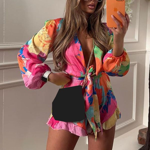 

dress fandy lokar deep v neck blouses suits women fashion printed tie belt suit women elegant elastic waist shorts suits female ladies, White