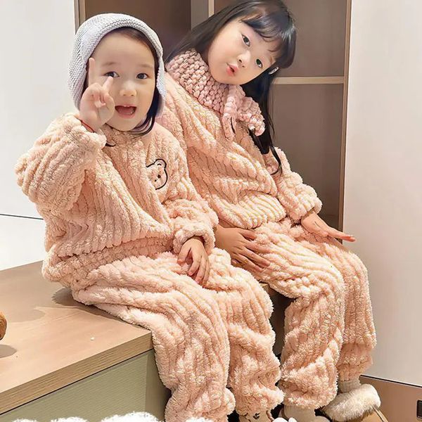 

Pajamas Winter Children Sets Plush Homewear for Boys Thickened Warm Girls Sleepwear Teenager Pijamas Clothing 114years 231127, Pink wave