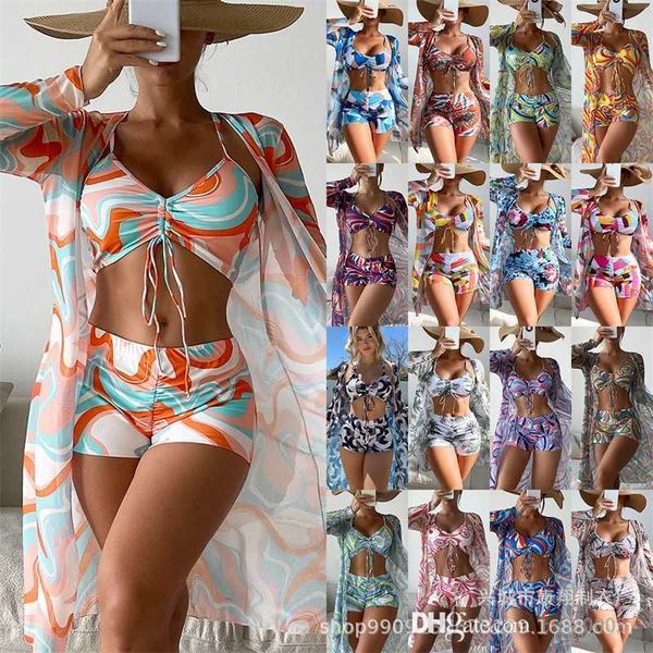 

2023 swimsuit for women three piece set long sleeve overshirt mesh drawstring bikini swimming suit ladies beach outfits, White;black