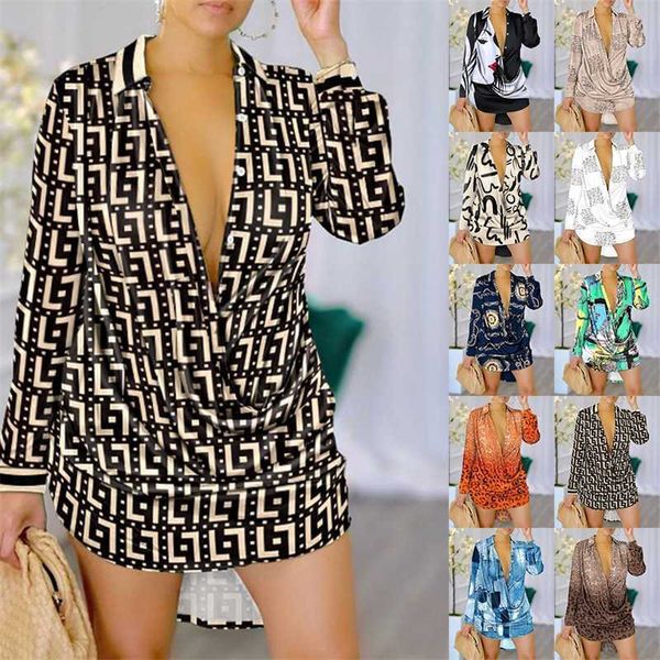 

designer casual shirt dresses women fashion printed dress long sleeve botton shirts plus size 3xl, Black;gray