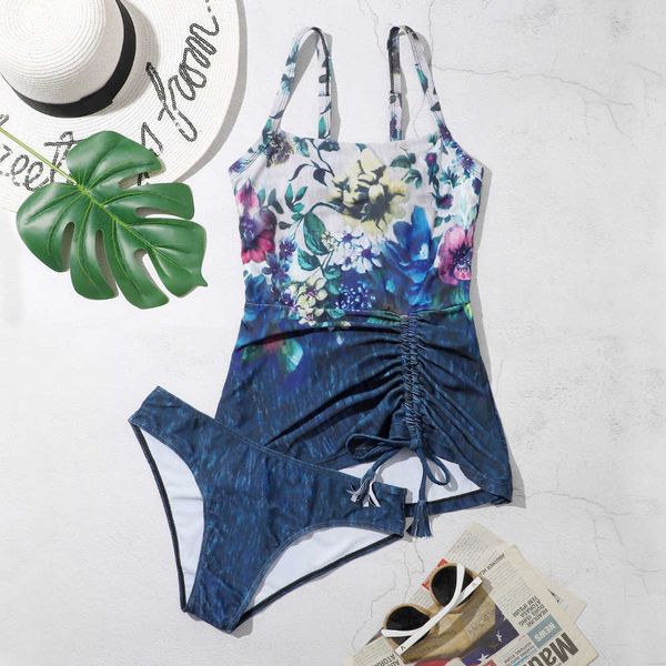 

print 2022 floral pleated fringed split skirt bikini oversized women's swimsuit