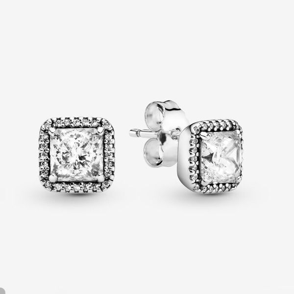 

square cz diamond halo stud earrings for pandora real sterling silver wedding designer earrings set for women sisters gift luxury earring wi, Golden;silver
