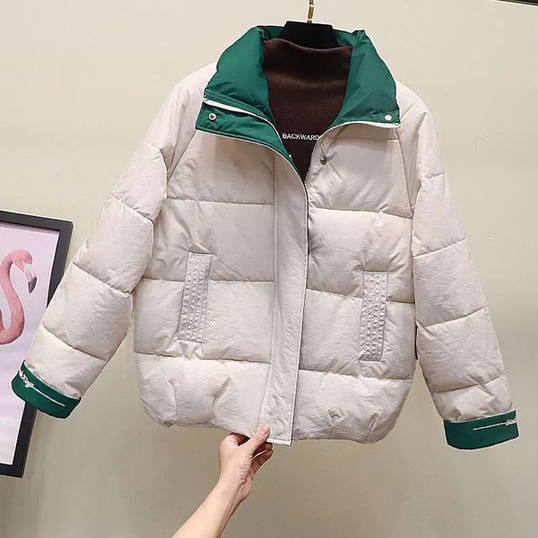 

leather 2021 new winter jacket women parkas stand collar basic coat warm casual cotton padded parka female short jackets outwear, Black