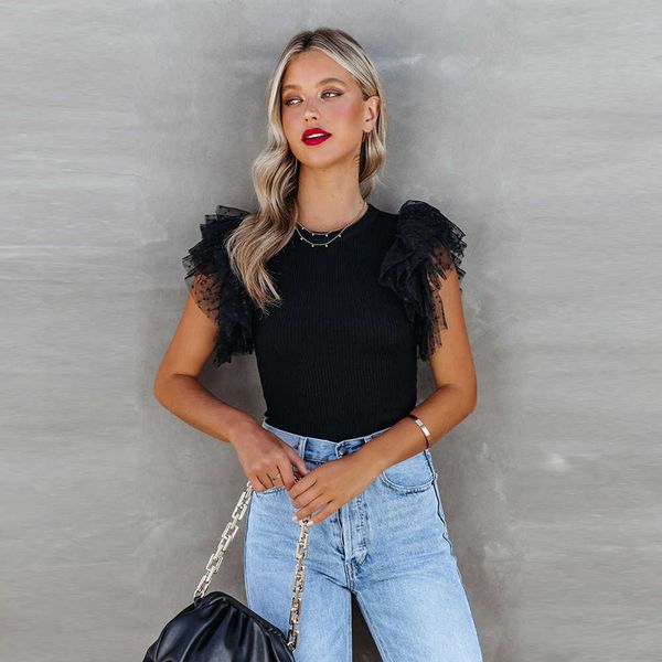 

solid rib shiying pit stripe women's t-shirt perspective mesh panel ruffle sleeve 25119492, White