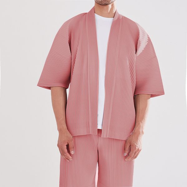 

men's suits blazers miyake pleated men cardigan blazer pink sets korean fashion designer jacket 230426, White;black