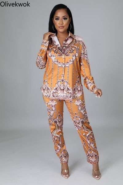 

pants olivekwok woman fashion print tracksuits long sleeve two piece set turndown collar single breasted fall casual zipper pants set, White