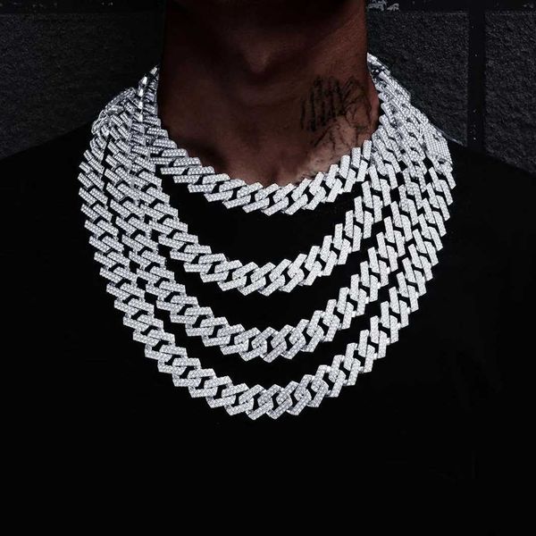 

hip hop jewelry full diamond custom miami cz prong men gold plated chain necklace iced out sliver men cuban link 19mm jewelry, Silver