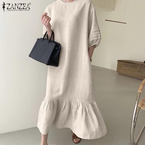 

dresses zanzea fashion women summer dress elegant solid robe femme o neck 3/4 sleeve sundress party dresses loose ruffe hem vestidos, Black;gray